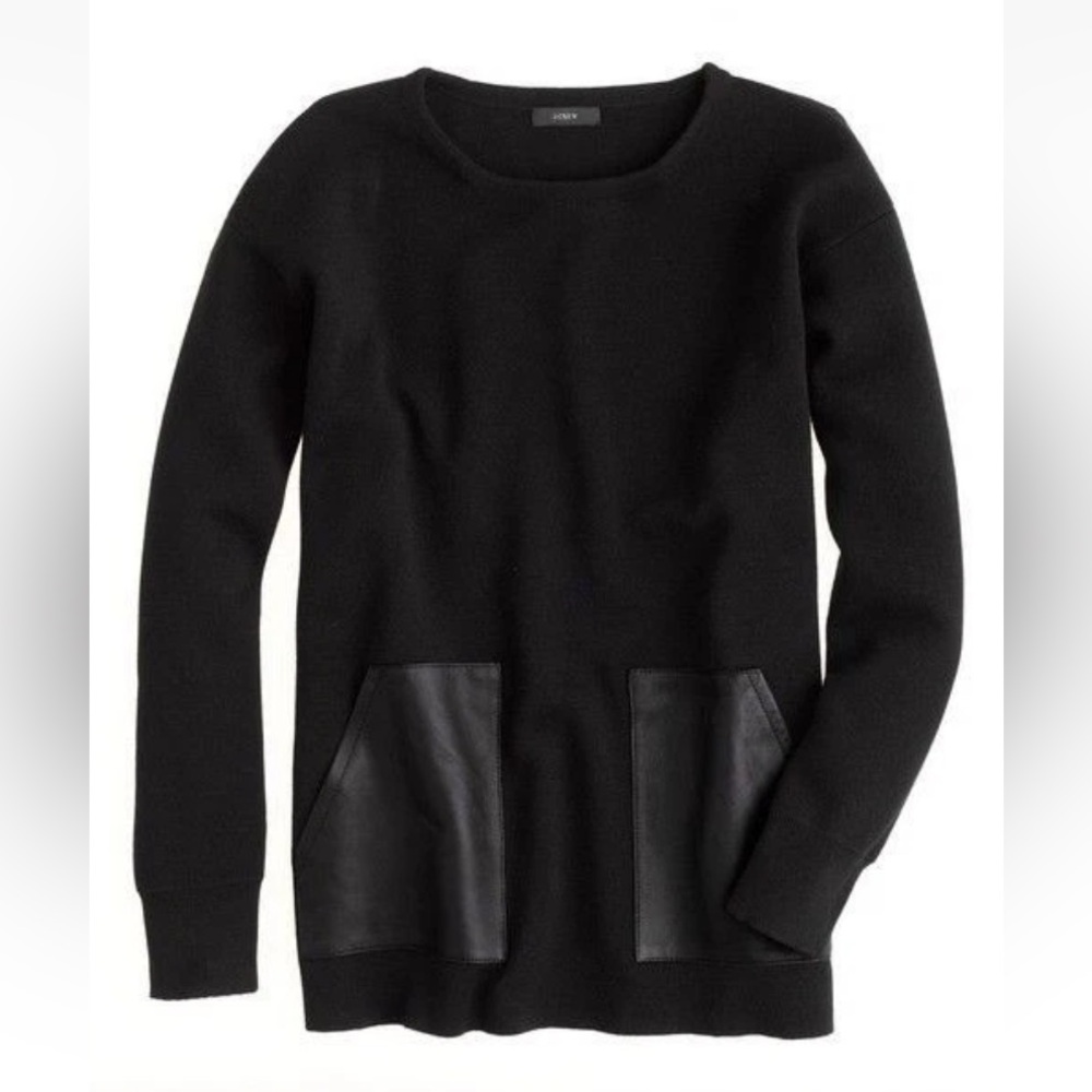 J. Crew Leather Patch Pocket Merino Wool Tunic Sweater, Black, Size XS